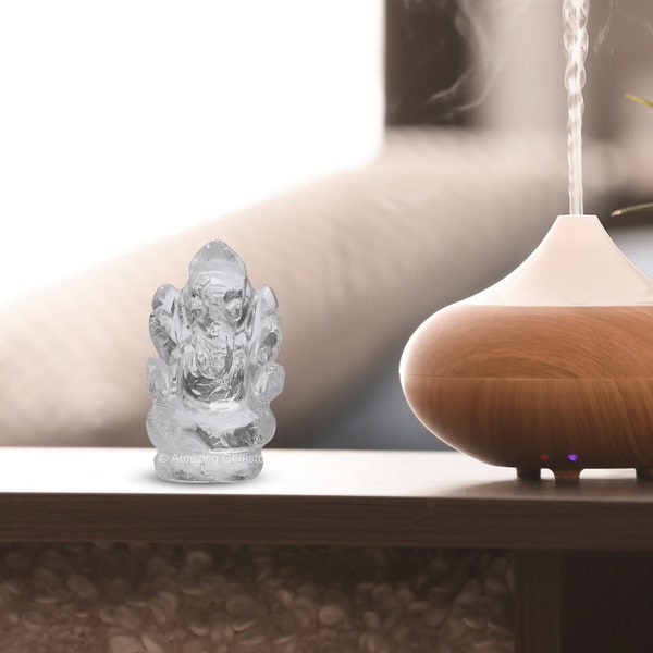 Clear Quartz Crystal Ganesha Statue, Healing Crystal Ganesha Idol for Car Dashboard, Home Office Table Decor (Free Velvet Pouch)