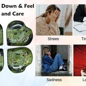 Puede incluir: Cuatro piedras verdes en forma de coraz&oacute;n con patrones verdes oscuros y negros. La imagen incluye el texto "Calm you Down & Feel Love and Care". Im&aacute;genes adicionales representan estr&eacute;s, cansancio, tristeza y soledad.