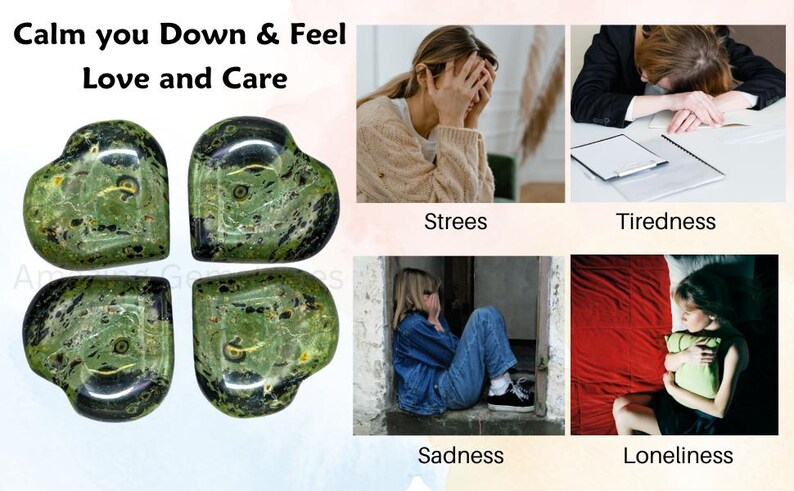 Puede incluir: Cuatro piedras verdes en forma de coraz&oacute;n con patrones verdes oscuros y negros. La imagen incluye el texto "Calm you Down & Feel Love and Care". Im&aacute;genes adicionales representan estr&eacute;s, cansancio, tristeza y soledad.