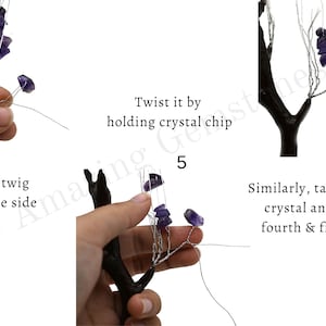 K&ouml;nnte beinhalten: Eine Schritt-f&uuml;r-Schritt-Anleitung zum Erstellen eines Kristallbaums. Das Bild zeigt eine Person, die einen Zweig mit daran befestigten Amethystkristallen h&auml;lt. Der Text im Bild lautet: "Twist it by holding crystal chip", "Fold that twig to opposite side", "Similarly, take another crystal and repeat fourth & fifth step".