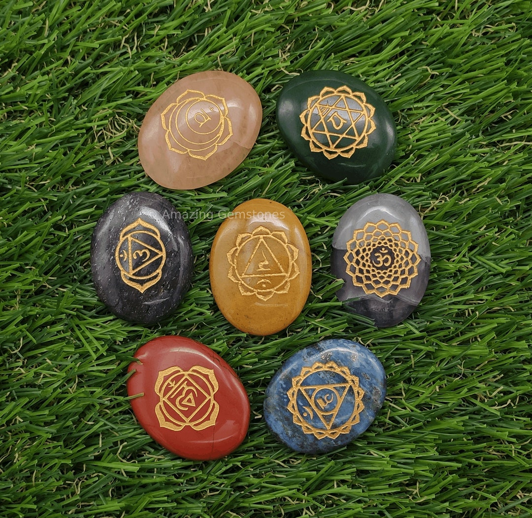 7 Chakra Stones Oval Set, Engraved OM Symbols, Reiki Healing - Etsy