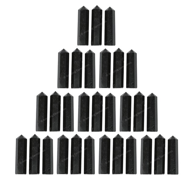 Black Tourmaline Bulk Crystals Points, Small Wholesale Gemstone Crystal Pencil Point Tower for DIY Craft, Natural Stones (Free Velvet Pouch)