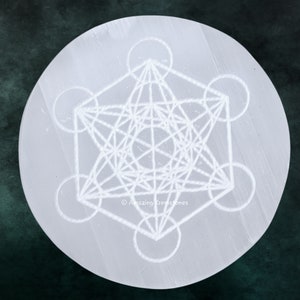 Engraved Selenite Crystal Charging Plate: Metatron Cube Decor