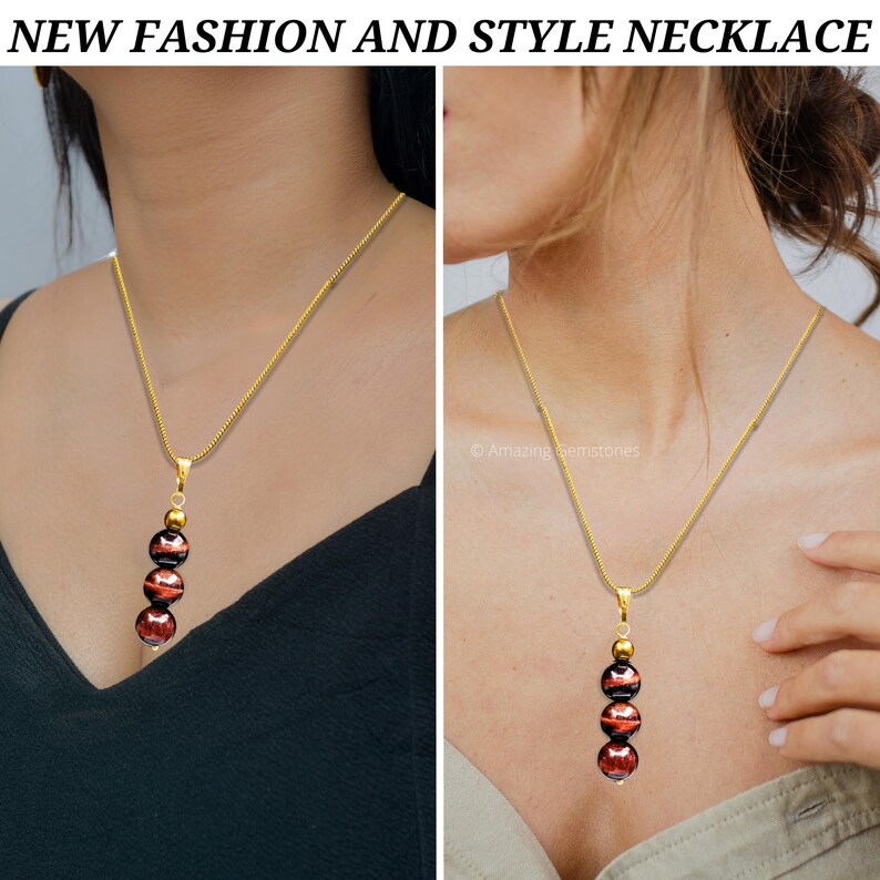 Red Tiger Eye 3 Bead Necklace Pendant, Men and Women Jewelry, Handmade