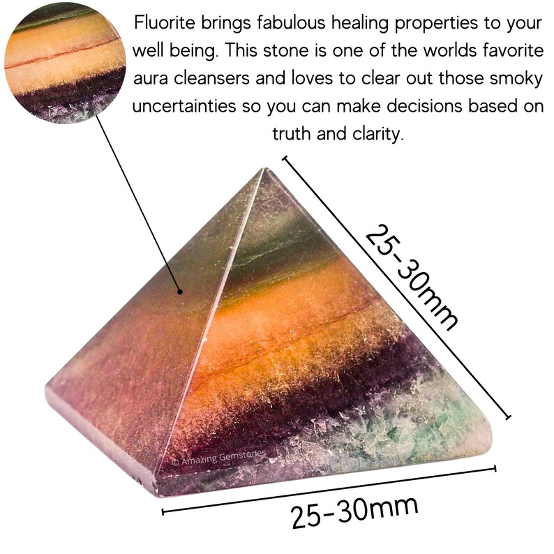 May include: A multi-colored fluorite pyramid crystal measuring 25-30 mm in size. The pyramid is a vibrant mix of green, orange, purple, and yellow.
