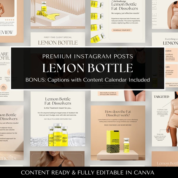 Lemon Bottle Instagram Posts, Lemon Bottle Fat Dissolving Social Media Templates, Lemon Bottle Instagram Templates, Weight Loss Templates