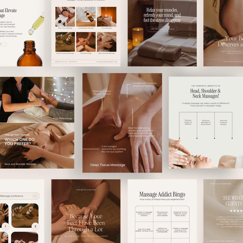May include: A collage of images promoting massage therapy services. The images feature different types of massage, including foot reflexology, deep tissue massage, and neck and shoulder massage. The text on the images highlights the benefits of massage, such as relaxation, stress relief, and improved posture.