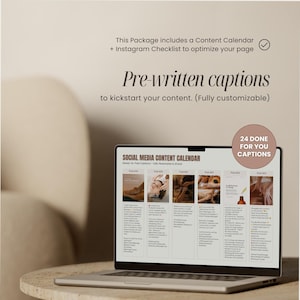 May include: A laptop computer displaying a social media content calendar with 24 pre-written captions for Instagram. The calendar includes ready-to-post captions, tips, and a checklist to optimize your page.