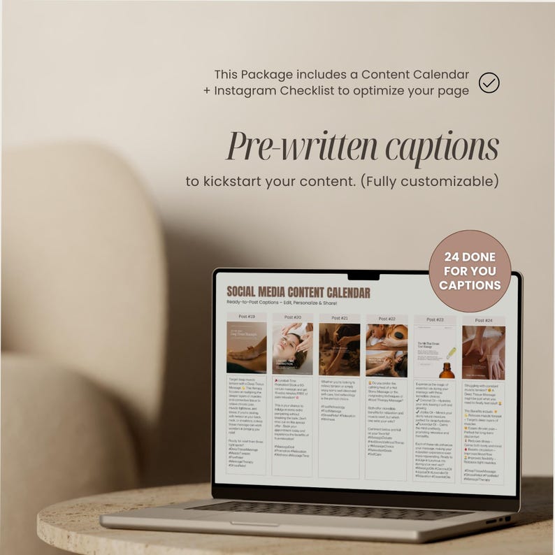 May include: A laptop computer displaying a social media content calendar with 24 pre-written captions for Instagram. The calendar includes ready-to-post captions, tips, and a checklist to optimize your page.