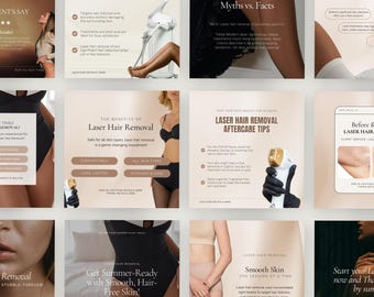 May include: A collage of nine images promoting laser hair removal services. The images feature models with smooth skin and highlight the benefits of laser hair removal, including long-lasting results, comfortable treatments, and safe procedures. The text in the images includes phrases like "Achieve Smooth Skin", "The Benefits of Laser Hair Removal", "Laser Hair Removal Myths vs. Facts", "Keep Your Skin Smooth and Glowing", "Laser Hair Removal Aftercare Tips", "Get Summer-Ready with Smooth, Hair-Free Skin", "Laser Hair Removal Smooth Skin One Session at a Time", "Start Your Laser Journey Now and Then by Summer", and "Smooth Skin - The Perfect Summer Look".