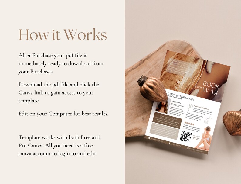 May include: A brown and white printable template for booking wax appointments. The template features a gold and brown color scheme with a decorative border. The text "Book Your Wax" is featured in a large font at the top of the template. The template also includes a QR code and a five-star rating.