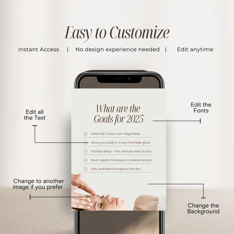 May include: A smartphone screen displaying a list of goals for 2025, including "Make Self-Care a Non-Negotiable", "Move your body in a way that feels good", "Prioritize sleep - The ultimate reset button", "Book regular massages to release tension", and "Stay hydrated throughout the day". The screen is surrounded by a white background with text that says "Easy to Customize", "Instant Access", "No design experience needed", "Edit anytime", "Edit all the Text", "Change to another image if you prefer", "Edit the Fonts", and "Change the Background".