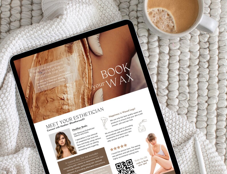 May include: A tablet computer displaying a website for booking waxing appointments. The website features a photo of a woman with long brown hair and a description of the services offered. The text "Book your Wax" is displayed in large, bold letters. The website also includes a QR code for booking appointments.