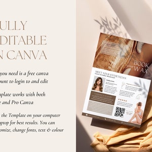 May include: A printable template for a waxing salon business card. The template features a brown background with a photo of a woman getting a wax. The text on the template reads "Meet Your Esthetician" and "Book Your Wax".
