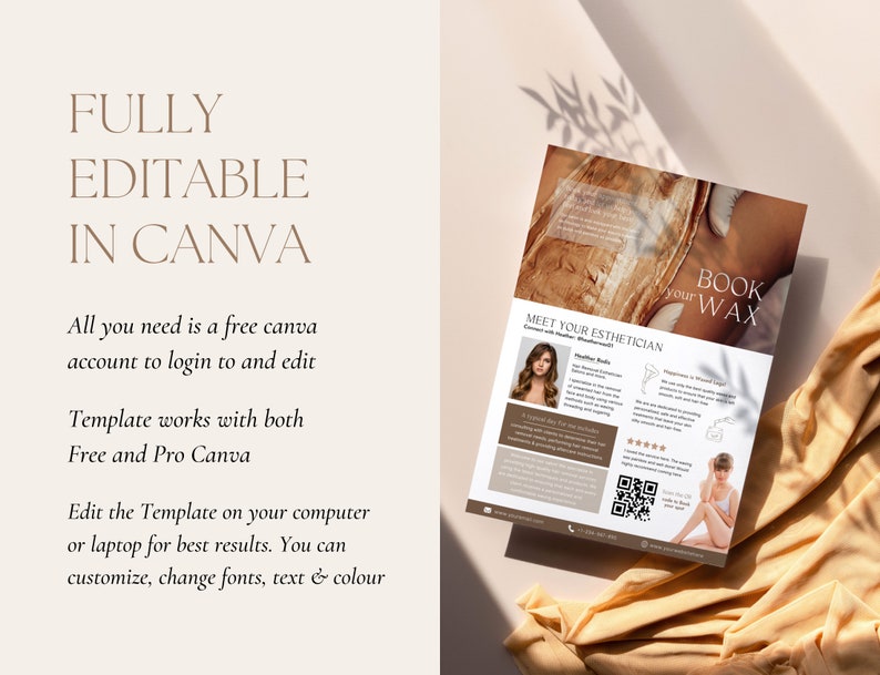 May include: A printable template for a waxing salon business card. The template features a brown background with a photo of a woman getting a wax. The text on the template reads "Meet Your Esthetician" and "Book Your Wax".