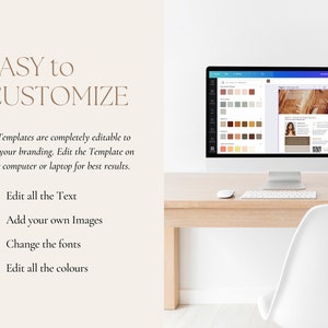 May include: A computer screen displaying a website template with a color palette and a sample page with the text "Meet Your Team" and "Book Wax". The text "EASY to CUSTOMIZE" is displayed on the left side of the image. The text below reads "All Templates are completely editable to suit your branding. Edit the Template on your computer or laptop for best results. Edit all the Text Add your own Images Change the fonts Edit all the colours".