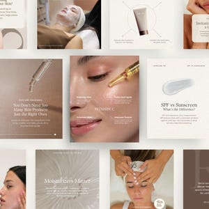 May include: A collage of skincare-related images. One image shows a woman receiving a facial treatment. Other images include skincare products, text about Vitamin C, SPF vs. sunscreen, and the importance of moisturizers.