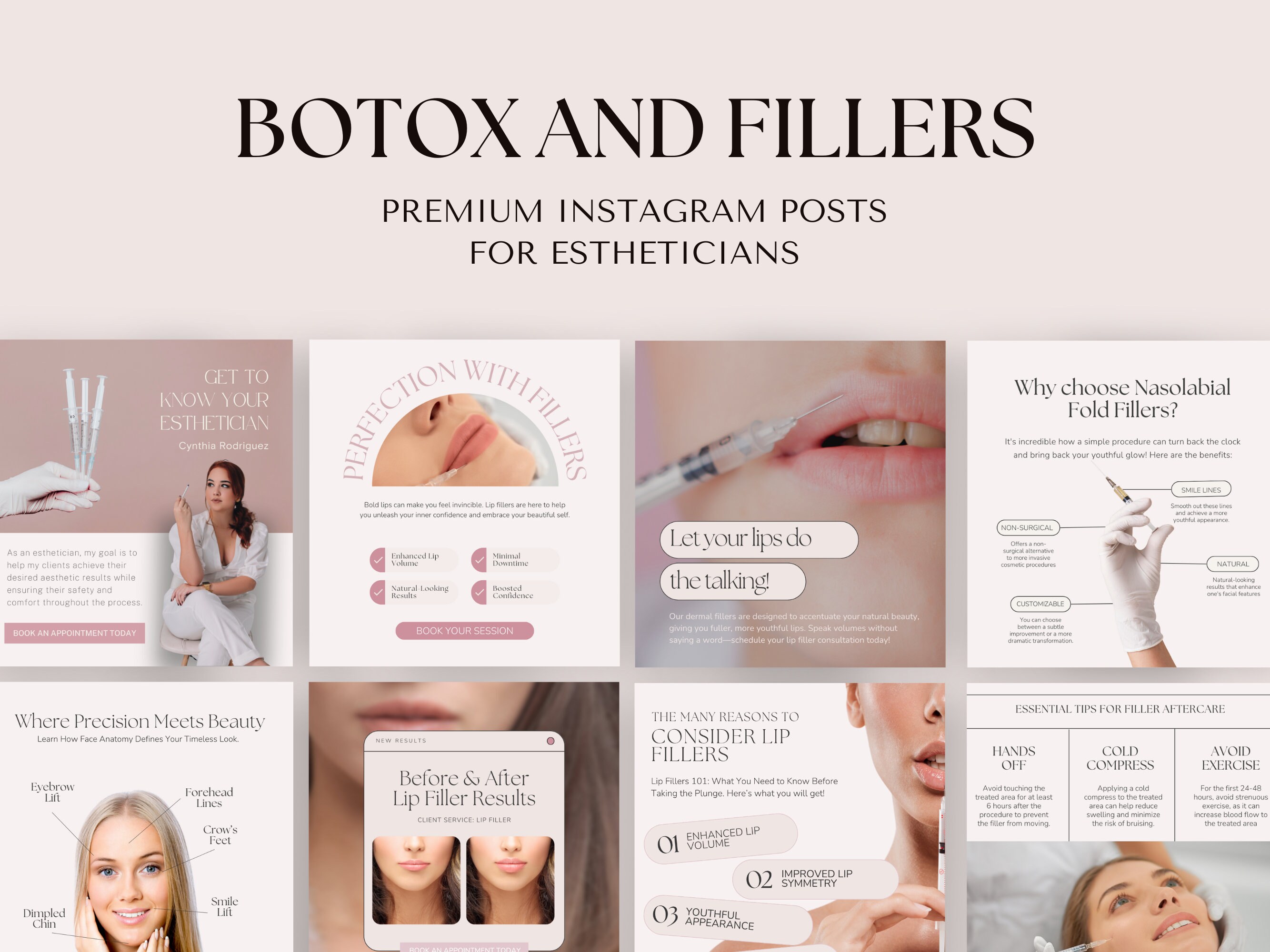 Pink Instagram templates for Botox and Fillers | Nurse Injector Instagram Templates | Instagram posts for Estheticians | Social Media Posts