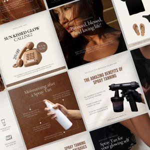 May include: A collage of images promoting spray tanning services. The images feature a woman with a sun-kissed glow, a spray tan gun, and text that highlights the benefits of spray tanning, such as a natural-looking tan, even skin tone, and protection from harmful UV rays. The text also includes a call to action to book a spray tan appointment.
