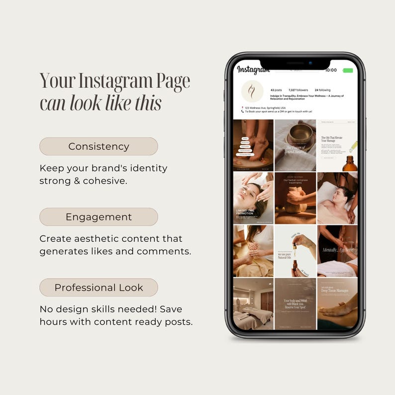 May include: A screenshot of an Instagram page with a grid of nine photos. The photos are all related to a spa or wellness business. The photos show hands massaging, essential oils, and a spa room. The text on the page says "Indulge in Tranquility: Embrace Your Wellness - A Journey of Restoration and Rejuvenation".