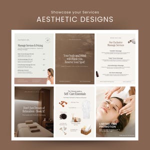 May include: A collage of six images promoting massage services. The first image shows a price list for different massage types. The second image shows a woman receiving a massage. The third image shows a list of massage services offered. The fourth image shows a massage table with towels. The fifth image shows a list of self-care essentials. The sixth image shows a woman receiving a facial massage. The text "Limited-Time Promotion" is visible in the bottom right corner.
