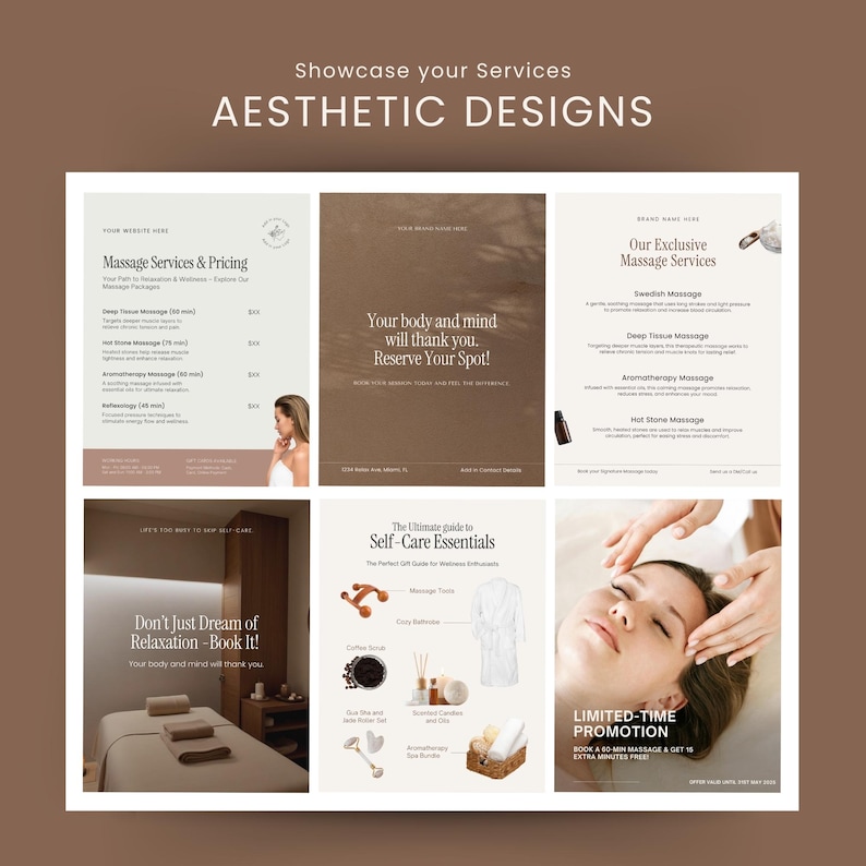 May include: A collage of six images promoting massage services. The first image shows a price list for different massage types. The second image shows a woman receiving a massage. The third image shows a list of massage services offered. The fourth image shows a massage table with towels. The fifth image shows a list of self-care essentials. The sixth image shows a woman receiving a facial massage. The text "Limited-Time Promotion" is visible in the bottom right corner.