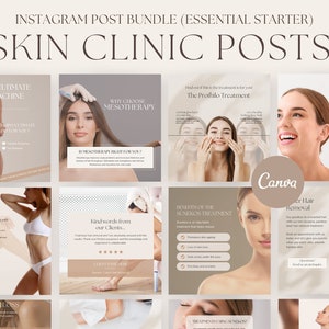 Posty w mediach społecznościowych Skin Clinic, usuwanie włosów laserem, wypełniacze skórne, SuneKos, leczenie mezoterapią, edytowalne posty Canva Profhilo