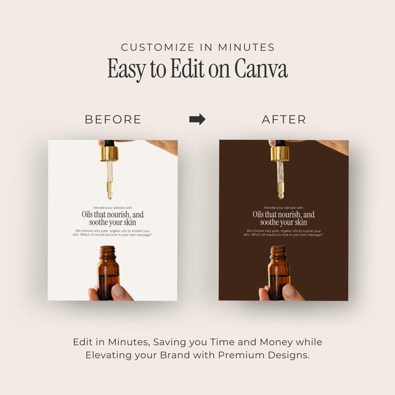 May include: Before and after image showing a hand holding a bottle of essential oil. The text on the image reads "Oils that nourish, and soothe your skin".