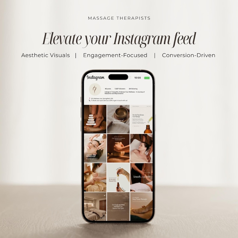 May include: A screenshot of an Instagram feed for a massage therapist. The feed features a grid of nine images, each showcasing different aspects of massage therapy, including a bowl of oil, a person receiving a massage, and a stack of stones. The caption reads "Elevate your Instagram feed" and includes the hashtags #massagetherapy #massagetherapist #wellness #relaxation #selfcare.