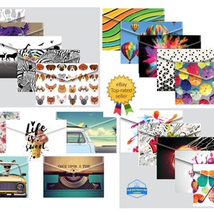 May include: A set of 12 colourful plastic folders with various designs, including cats, zebras, dogs, flowers, ice cream, a typewriter, a van, and abstract patterns. The folders have a clear front flap and a button closure.