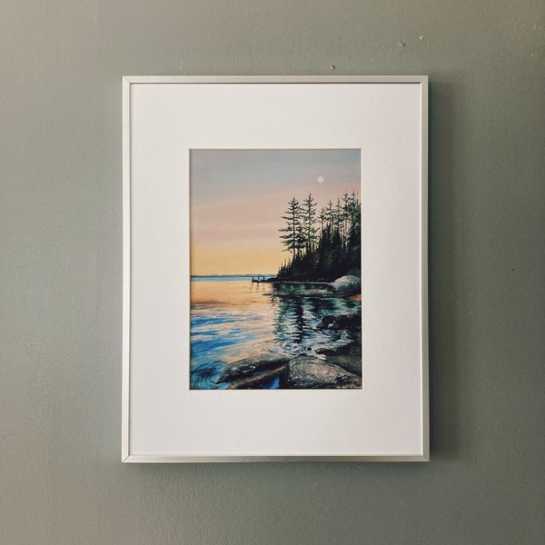 Watercolor Print, Giclée, Boundary Waters, Sunset, Moon, BWCA, Northern Minnesota, Lake, Shoreline, 8x10