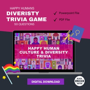 Happy Human Diversity Trivia Game with 50 questions about LGBTQ Womens Rights, black History