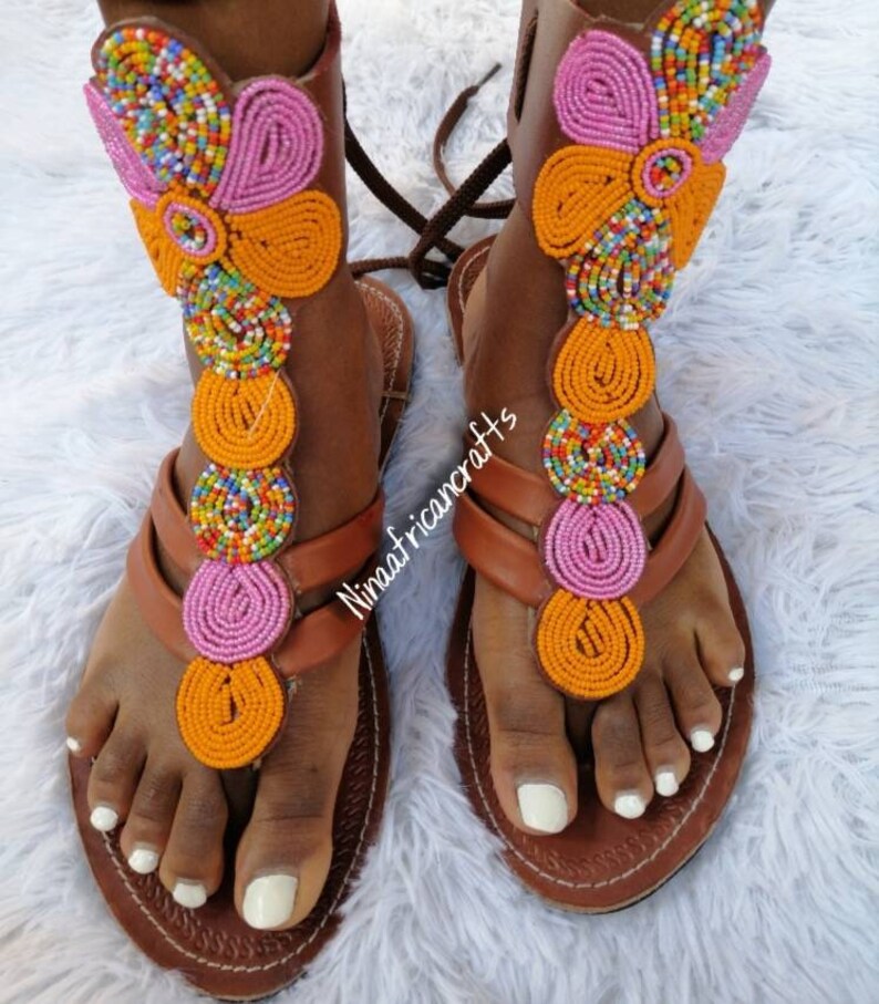leather sandals Beaded sandals Maasai sandals gift for her Handmade sandals African sandals Gladiators sandals