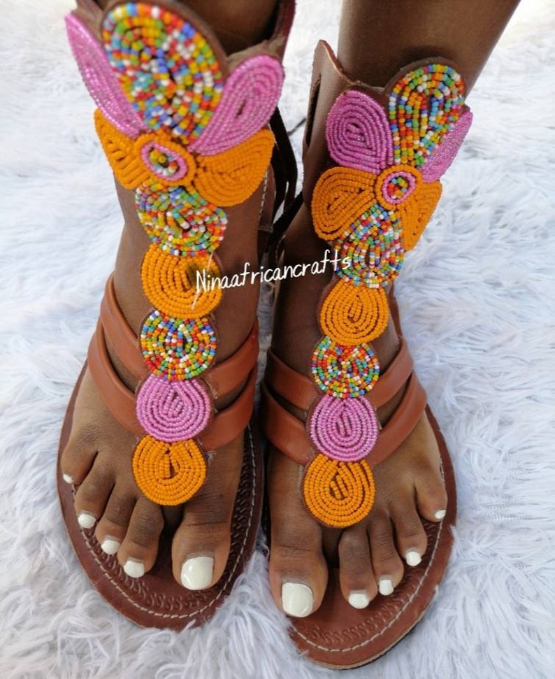 leather sandals Beaded sandals Maasai sandals gift for her Handmade sandals African sandals Gladiators sandals