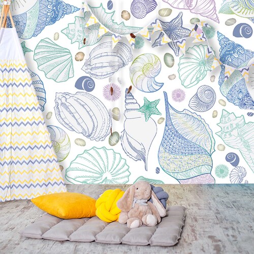 Blue Seashell Peel and Stick Removable Wallpaper 3230 Etsy