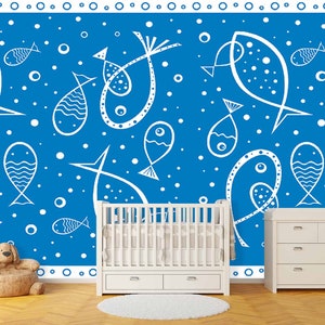 Drawn Fish, White Fish, Wall Mural, Removable Wallpaper, Easy stick, Peel and stick, Self Adhesive Wallpaper, Temporary Wallpaper, #28