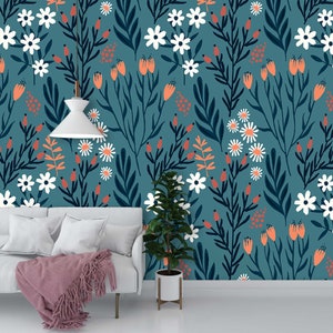 Wild Flowers Wallpaper, Self Adhesive Wallpaper, Removable Wallpaper, Easy Stick, Wall Mural, Temporary Wallpaper, Blue Wallpaper, #6