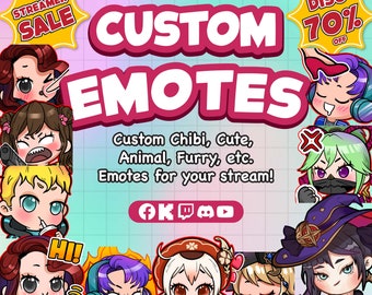 Può includere: Un'illustrazione digitale colorata che pubblicizza emote personalizzati per gli streamer. Il testo "CUSTOM EMOTES" è in grandi lettere rosa, in grassetto. Il testo "Custom Chibi, Cute, Animal, Furry, etc. Emotes for your stream!" è in lettere nere più piccole. L'immagine include diversi esempi di emote, tra cui una ragazza con un cappello rosso, una ragazza con un cappello verde, una ragazza con un cappello viola, una ragazza con un cappello marrone, una ragazza con un cappello blu, una ragazza con un cappello rosso, una ragazza con un cappello bianco e una ragazza con un cappello giallo. L'immagine include anche il testo "STREAMER SALE" e "DISC 70% OFF".
