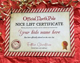 personalised Father Christmas nice list certificate A4 boxing eve gift Elf on the shelf stocking filler family daughter son wife husband
