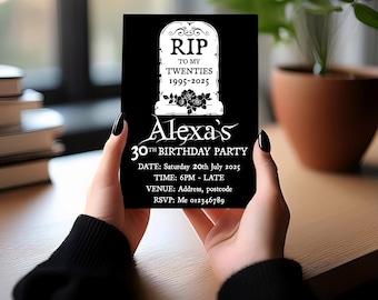 Birthday party RIP 20s 30s 40s 50s 60s tombstone A6 personalised printed invitations black white alternative invites