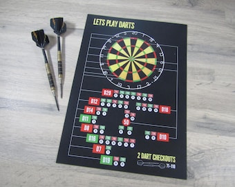 Darts infographic A4 sized wall art showing dart board with 2 dart checkouts from 71-110 poster for the man cave and good learning dart aid