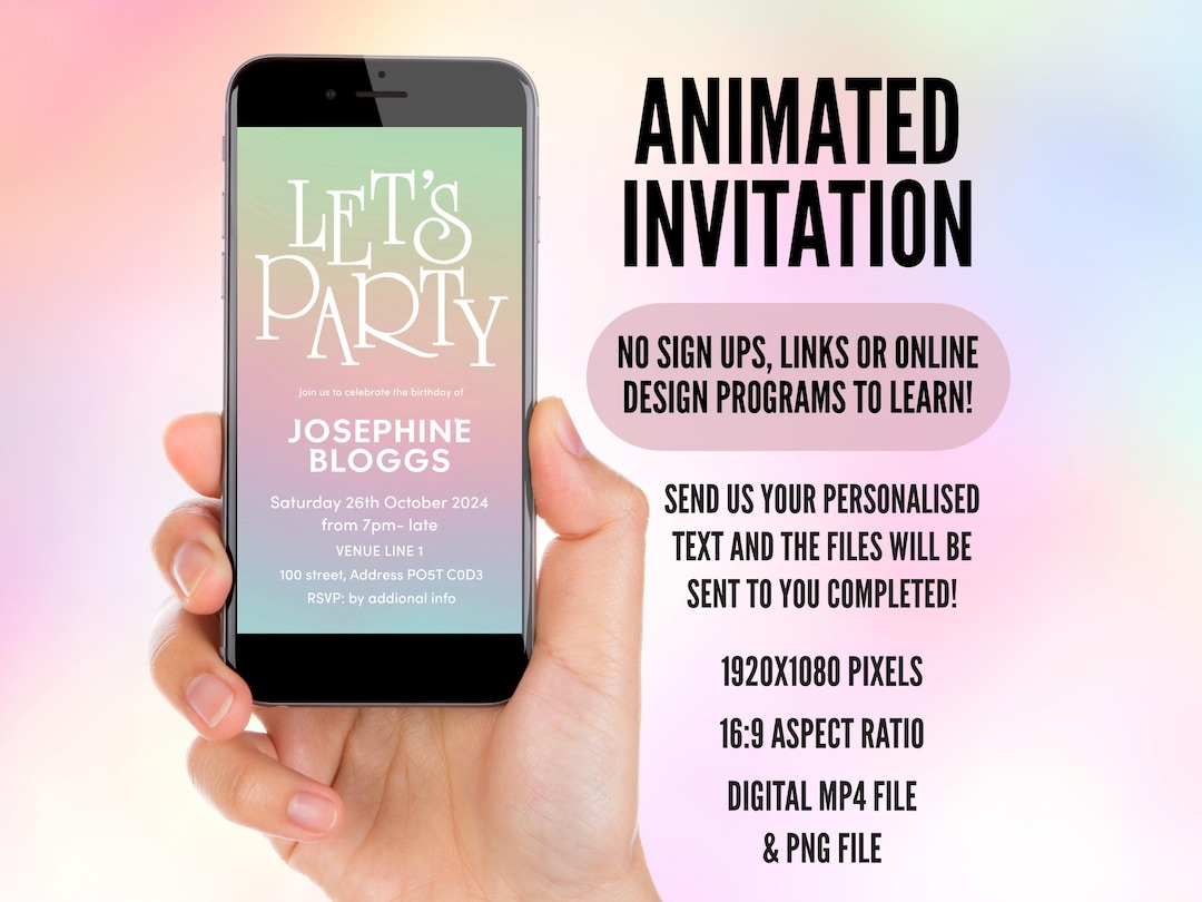 Party Invitation, Digital Animated Lets Party Bright Classic Pastel ...