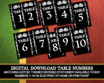 digital download printable at home table number wedding gothic black and white skulls halloween a6