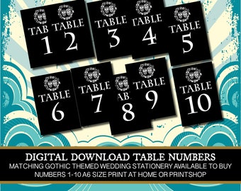 digital download printable at home table number wedding gothic black and white circle flower skulls halloween a6