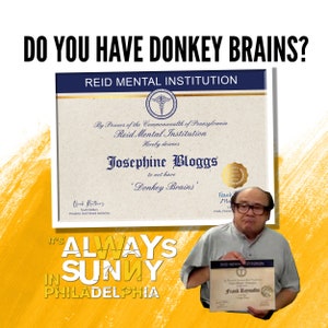 Its Always sunny in Philadelphia  personalised donkey brains certificate.