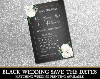 save the date Black Wedding printed invitations floral personalised flower black white pink gold