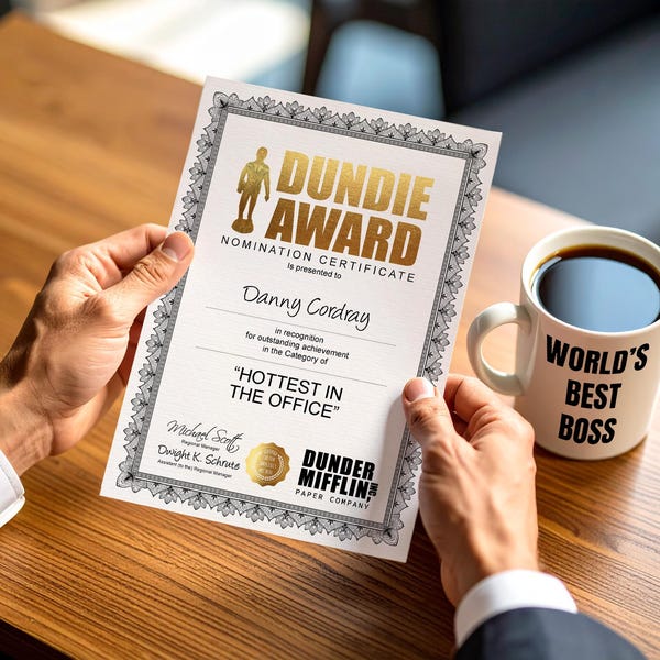 Personalised Dundie Award Certificate – Custom Funny Gift Inspired by The Office US, dunder mifflin funny office gift, michael scott, dwight