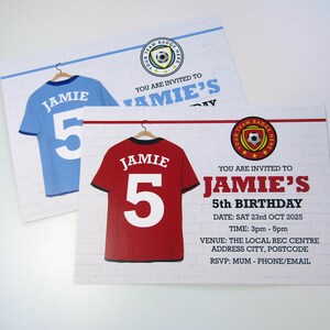May include: A red and blue football shirt birthday invitation with a white brick background. The invitation says "You are invited to Jamie's 5th Birthday" with the date, time, venue, and RSVP information.