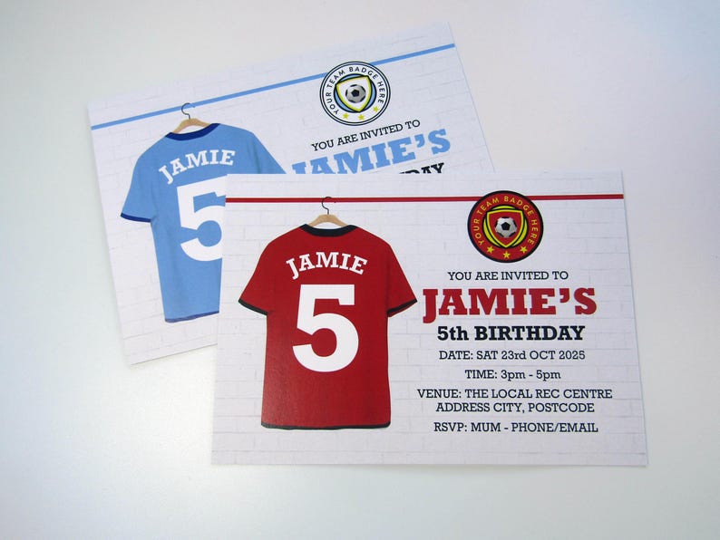 May include: A red and blue football shirt birthday invitation with a white brick background. The invitation says "You are invited to Jamie's 5th Birthday" with the date, time, venue, and RSVP information.