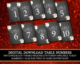 digital download printable at home wedding reception table numbers black white pink floral flowers  a6